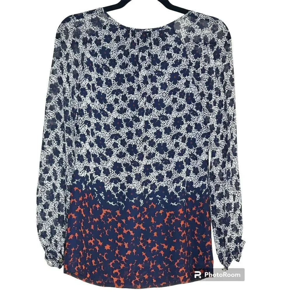 Tory Burch Womens Blouse Blue Floral Long Sleeve Button Cuff Keyhole Neck Top 2